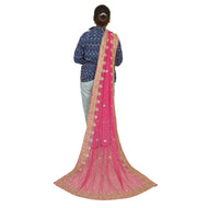 Sanskriti Vintage Pink Long Dupatta Stole Net Mesh Veil Hand Beaded Scarves