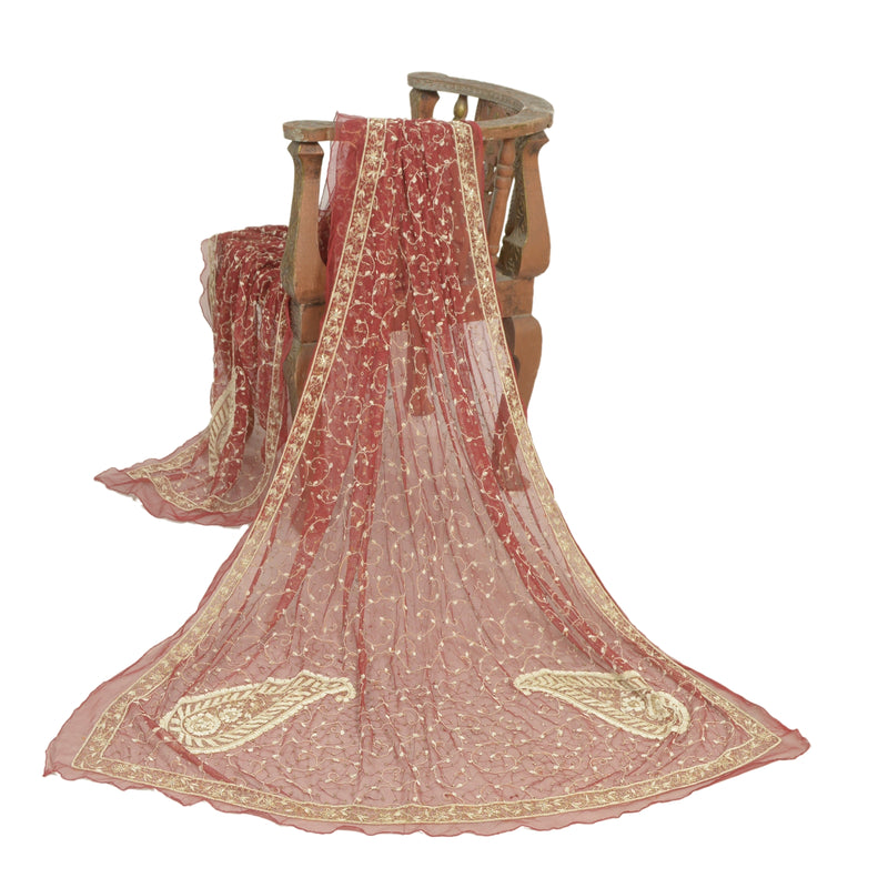 Sanskriti Vintage Red Long Dupatta Stole Net Mesh Veil Hand Embroidered Zardozi Scarves 93 Inches Dupatta Of Women Floral Thread Scarf