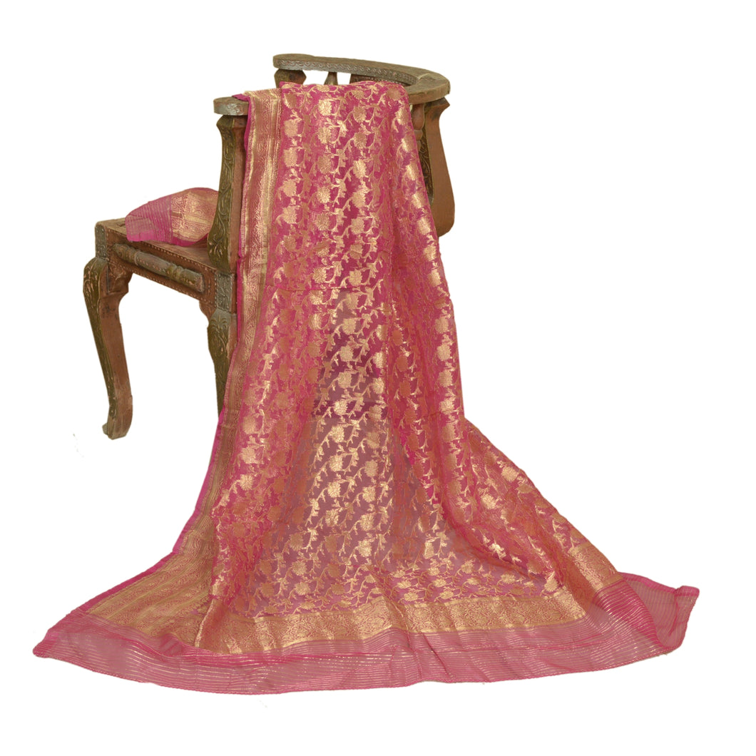 Sanskriti Vintage Long Pink Dupatta/Stole Pure Organza Silk Woven Brocade Veil
