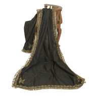 Sanskriti Vintage Long Dupatta Stole Pure Silk Black Veil Hand Beaded Scarves