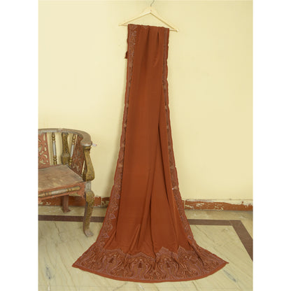 Sanskriti Vintage Brown Long Dupatta Stole Pure Crepe Silk Hand Beaded Scarves