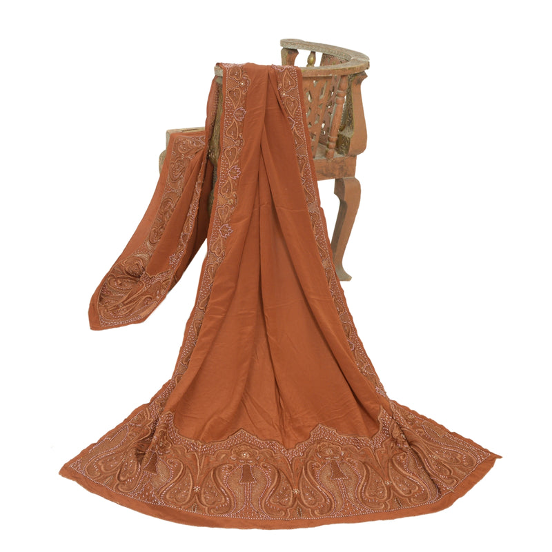 Sanskriti Vintage Brown Long Dupatta Stole Pure Crepe Silk Hand Beaded Women Scarves Indian Heritage Textile Women Traditional Dress