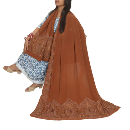 Sanskriti Vintage Brown Long Dupatta Stole Pure Crepe Silk Hand Beaded Scarves