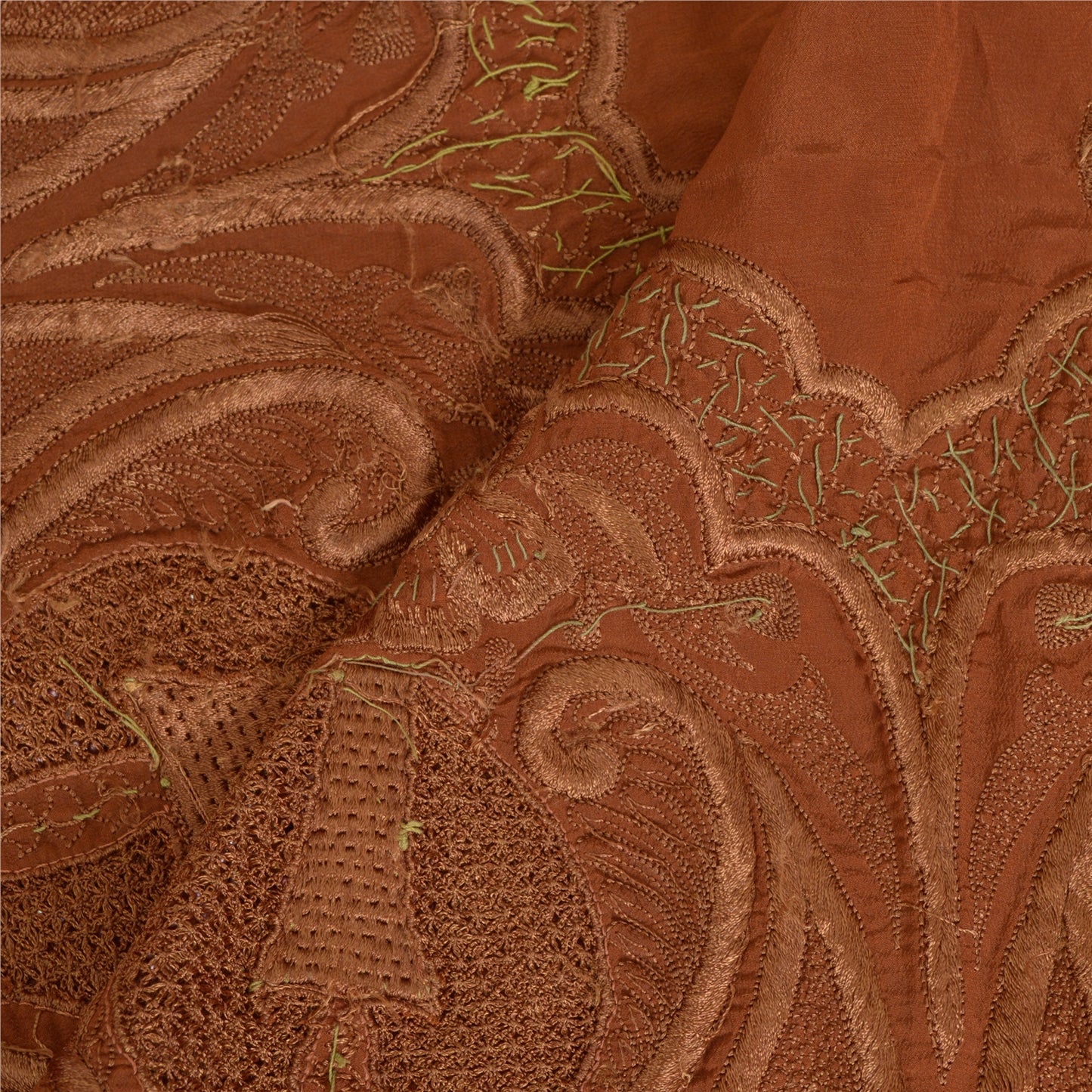 Sanskriti Vintage Brown Long Dupatta Stole Pure Crepe Silk Hand Beaded Scarves