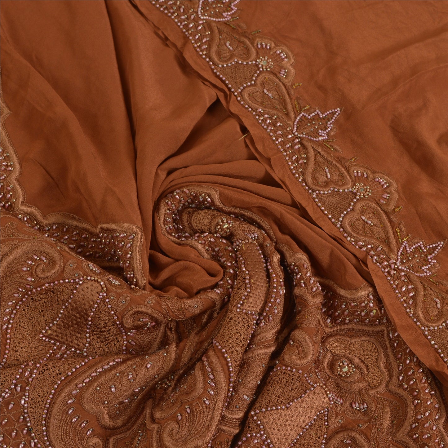 Sanskriti Vintage Brown Long Dupatta Stole Pure Crepe Silk Hand Beaded Scarves