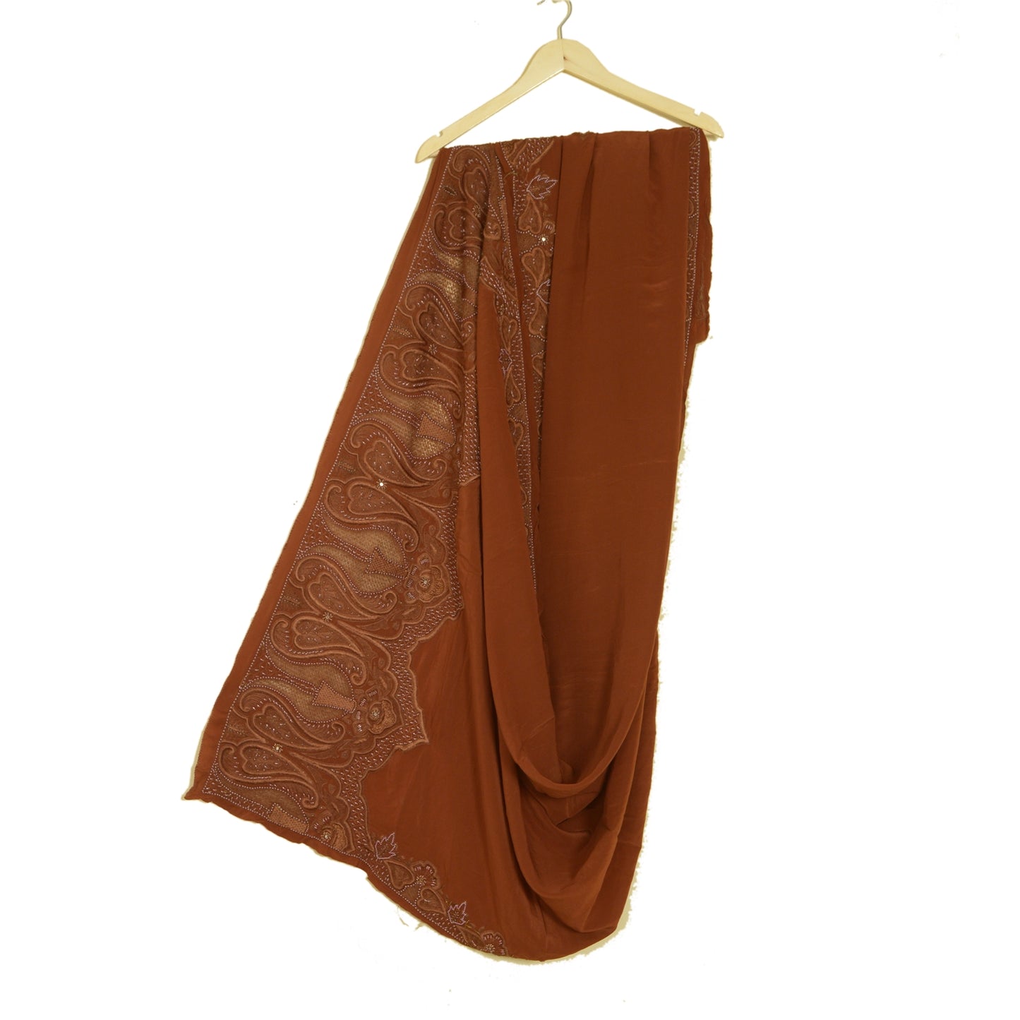 Sanskriti Vintage Brown Long Dupatta Stole Pure Crepe Silk Hand Beaded Scarves