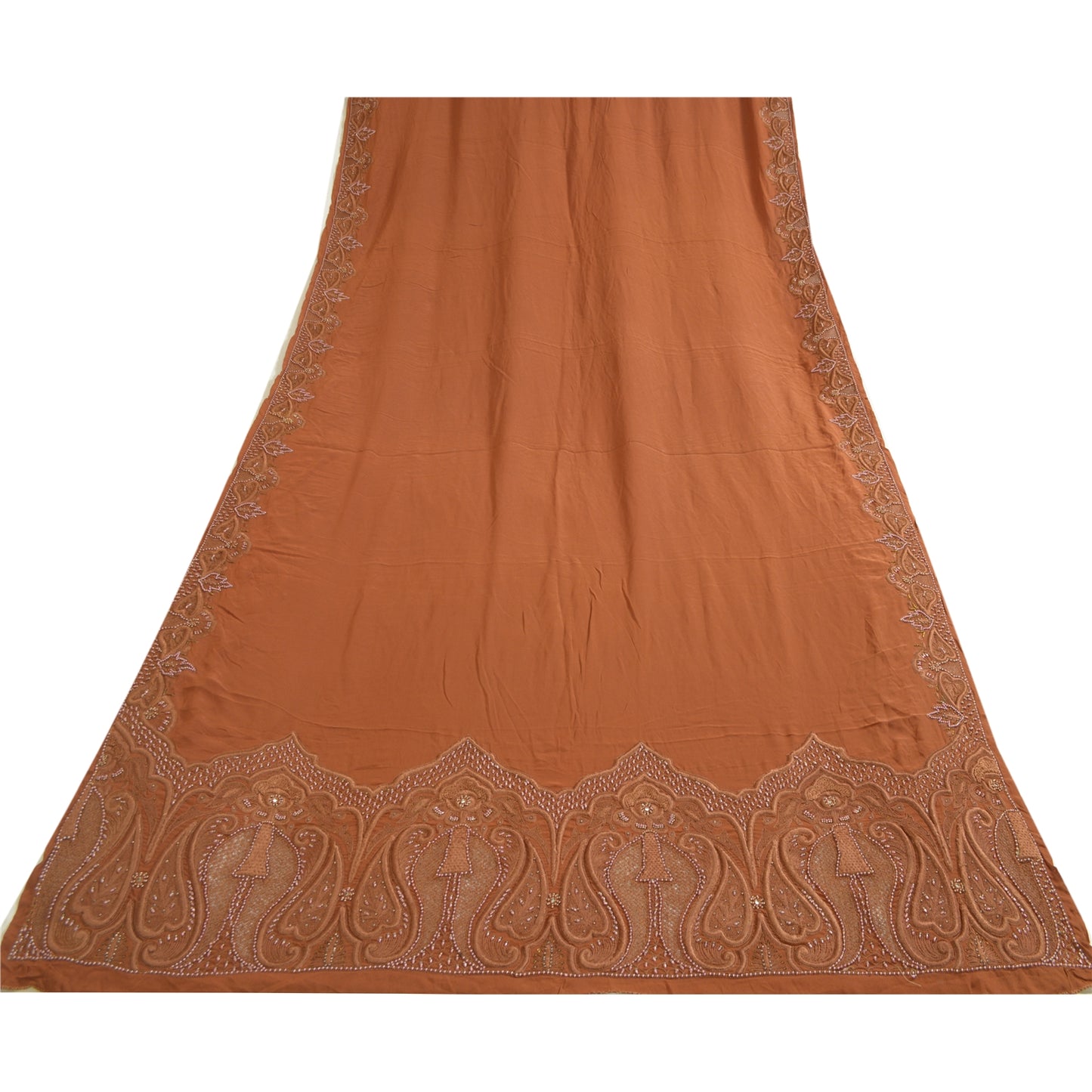 Sanskriti Vintage Brown Long Dupatta Stole Pure Crepe Silk Hand Beaded Scarves