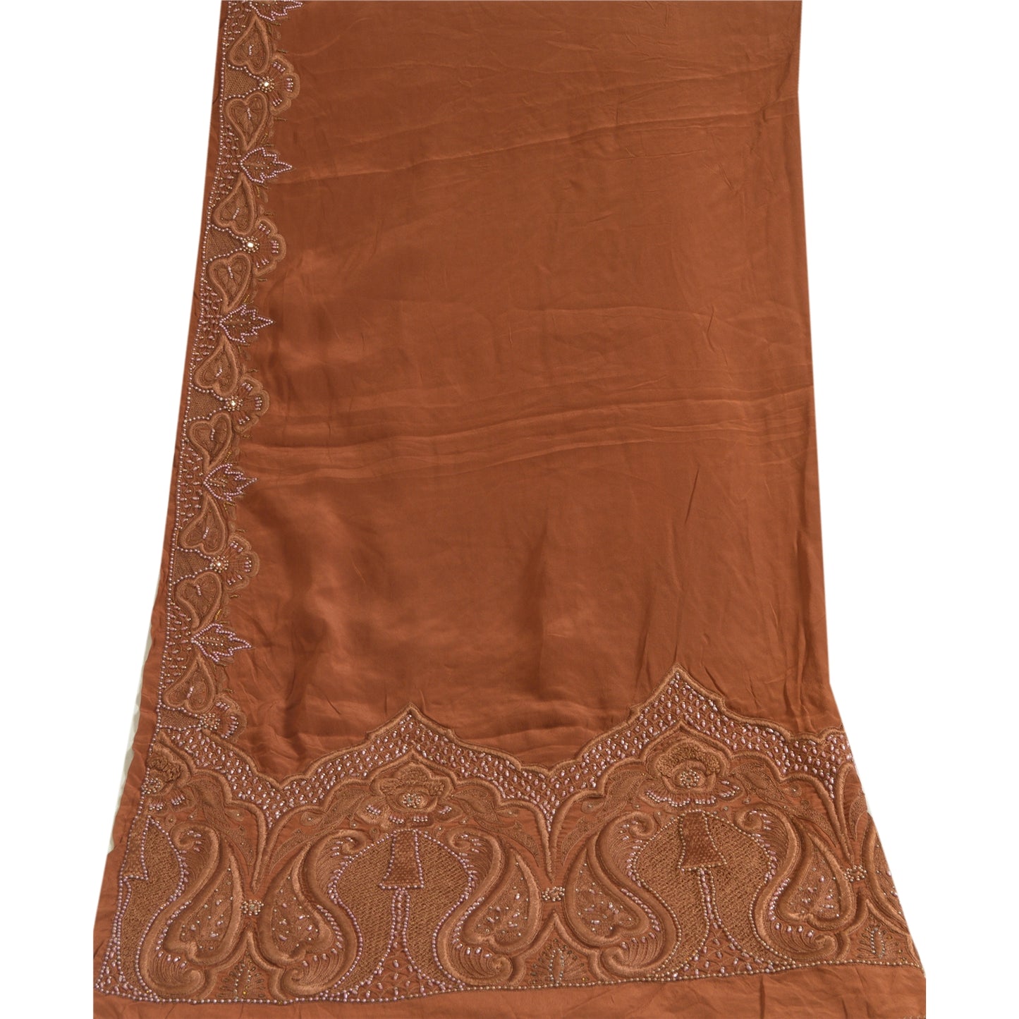 Sanskriti Vintage Brown Long Dupatta Stole Pure Crepe Silk Hand Beaded Scarves
