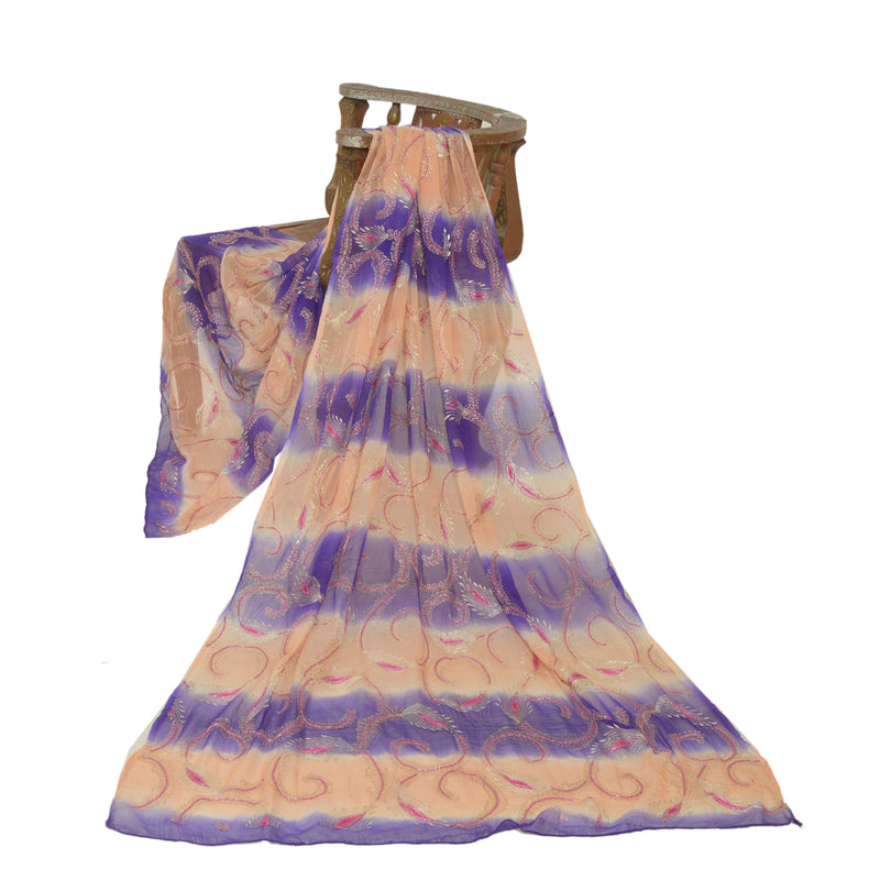 Sanskriti Vintage Lang Fersken/Lilla Dupatta/Stole Ren Chiffon Silke Håndperlet