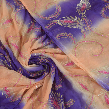 Sanskriti Vintage Long Peach/Purple Dupatta/Stole Pure Chiffon Silk Hand Beaded