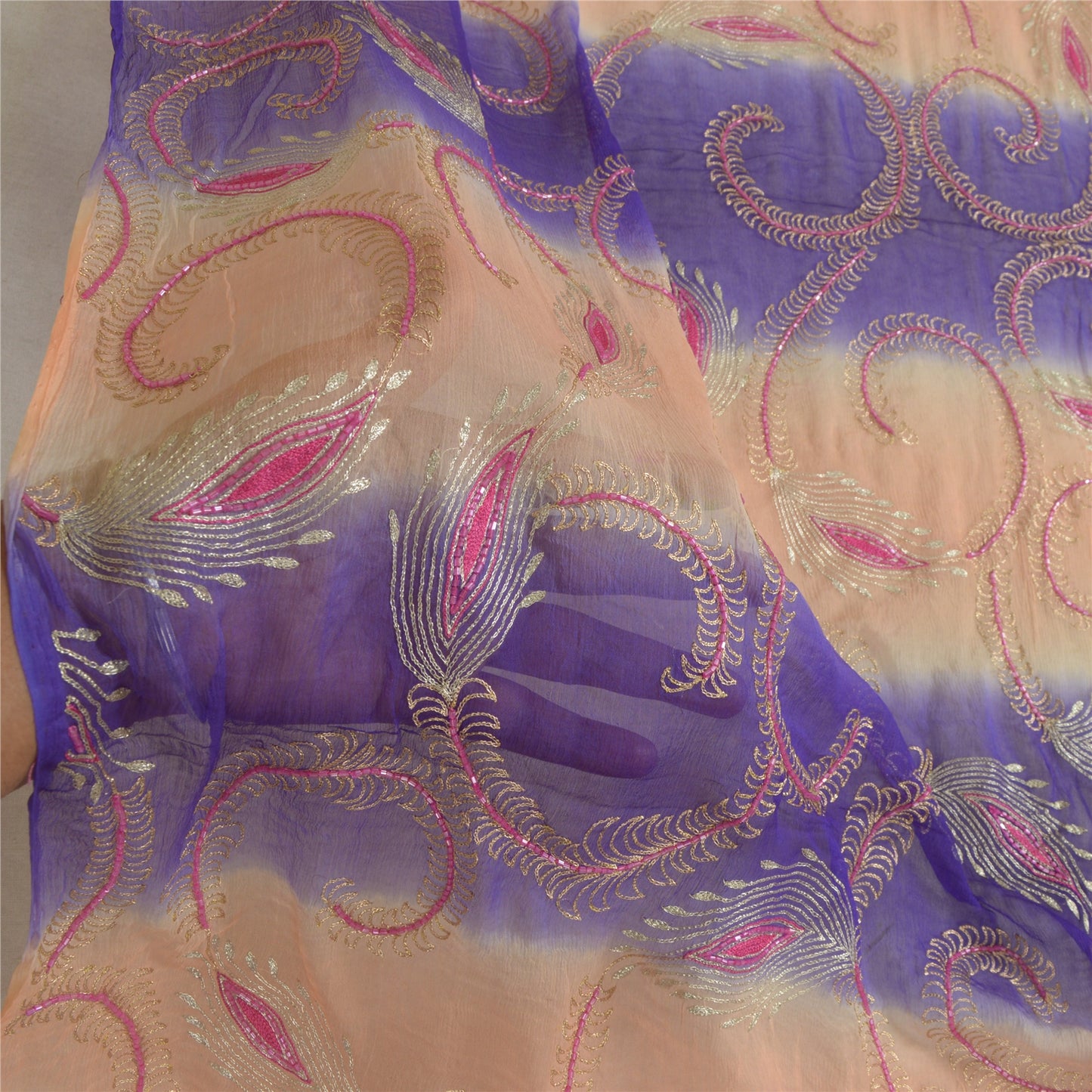 Sanskriti Vintage Long Peach/Purple Dupatta/Stole Pure Chiffon Silk Hand Beaded