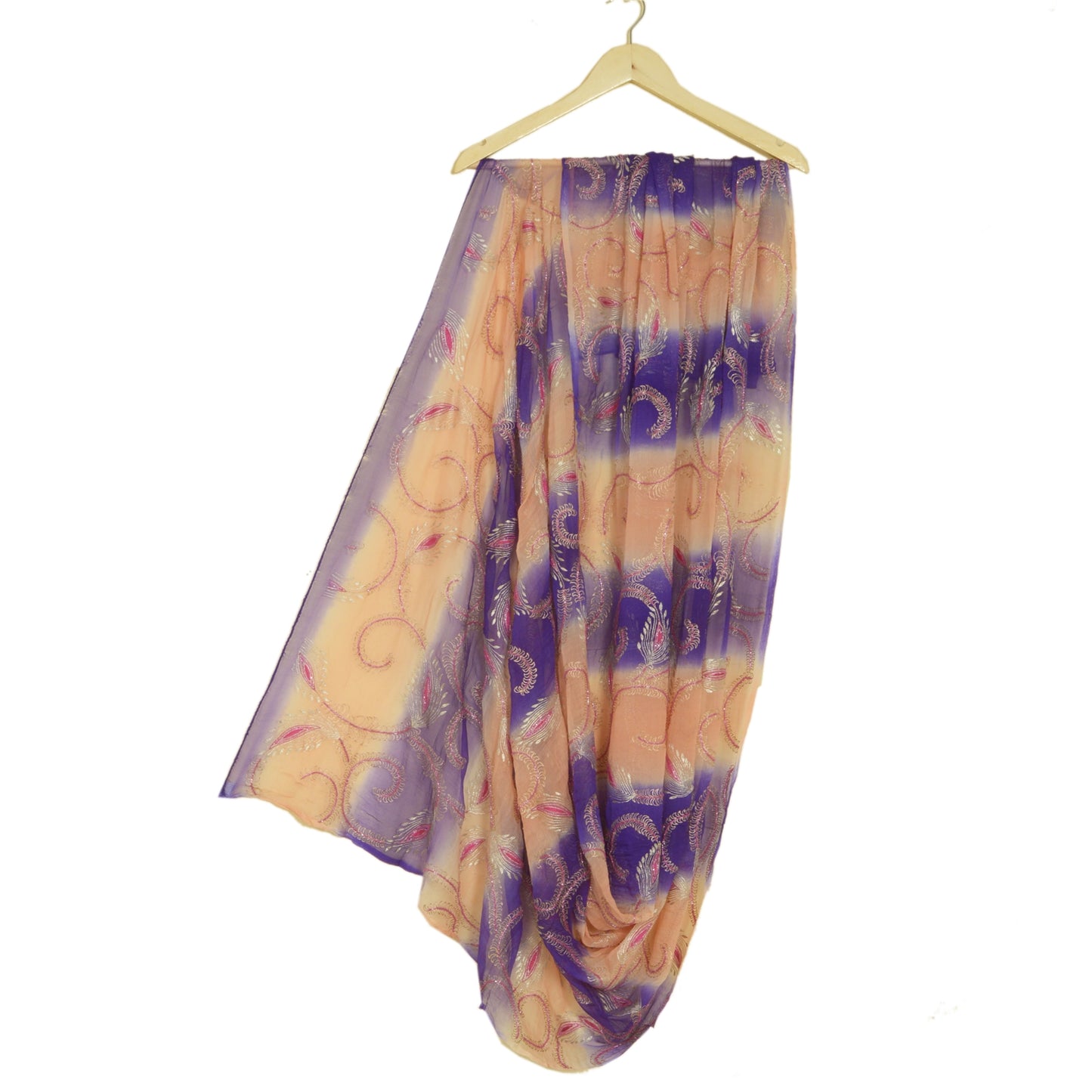 Sanskriti Vintage Long Peach/Purple Dupatta/Stole Pure Chiffon Silk Hand Beaded
