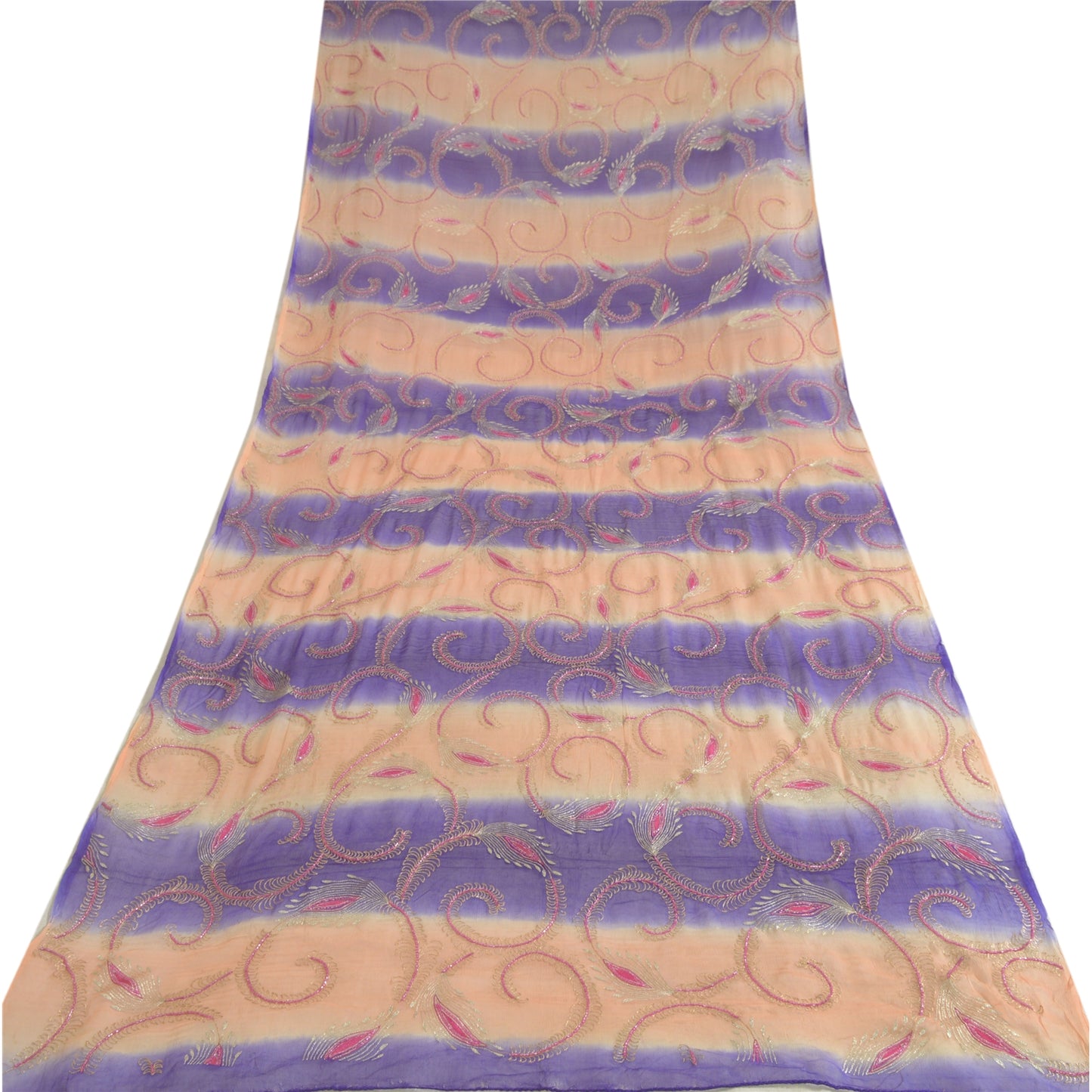 Sanskriti Vintage Long Peach/Purple Dupatta/Stole Pure Chiffon Silk Hand Beaded