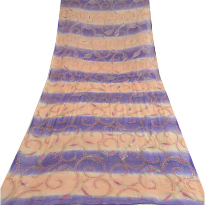 Sanskriti Vintage Long Peach/Purple Dupatta/Stole Pure Chiffon Silk Hand Beaded