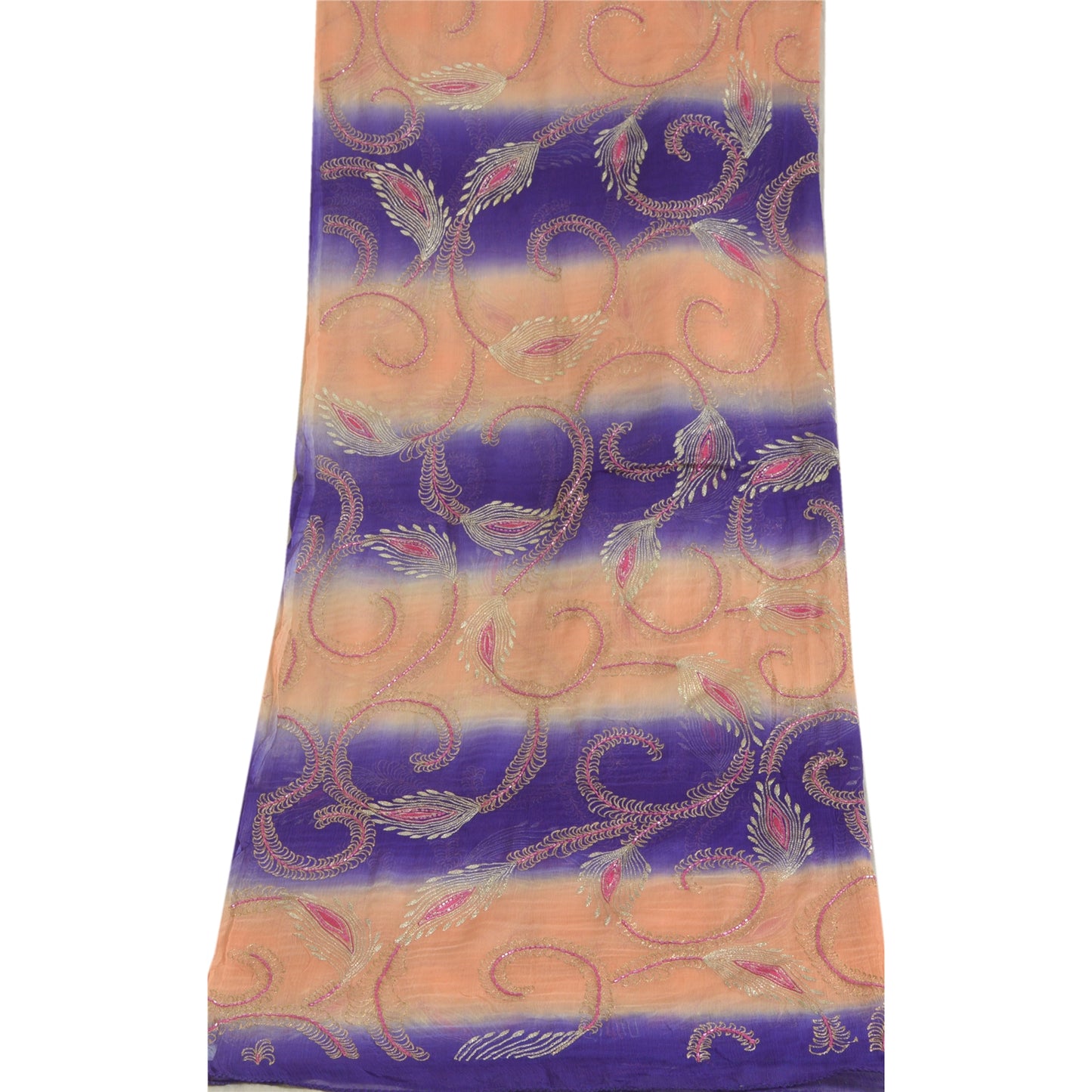 Sanskriti Vintage Long Peach/Purple Dupatta/Stole Pure Chiffon Silk Hand Beaded