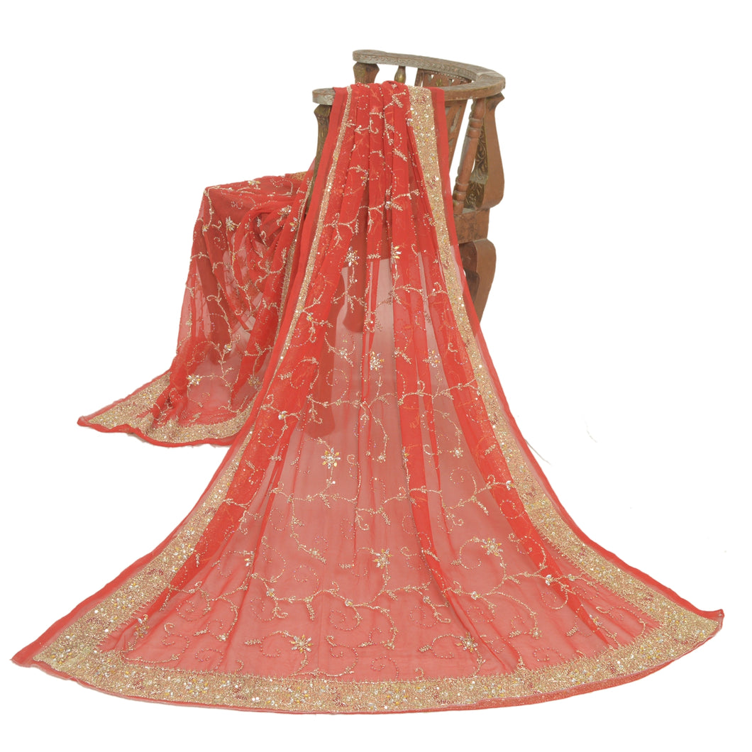 Sanskriti Vintage Long Red Dupatta/Stole Pure Georgette Silk Hand Beaded Veil
