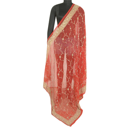 Sanskriti Vintage Long Red Dupatta/Stole Pure Georgette Silk Hand Beaded Veil