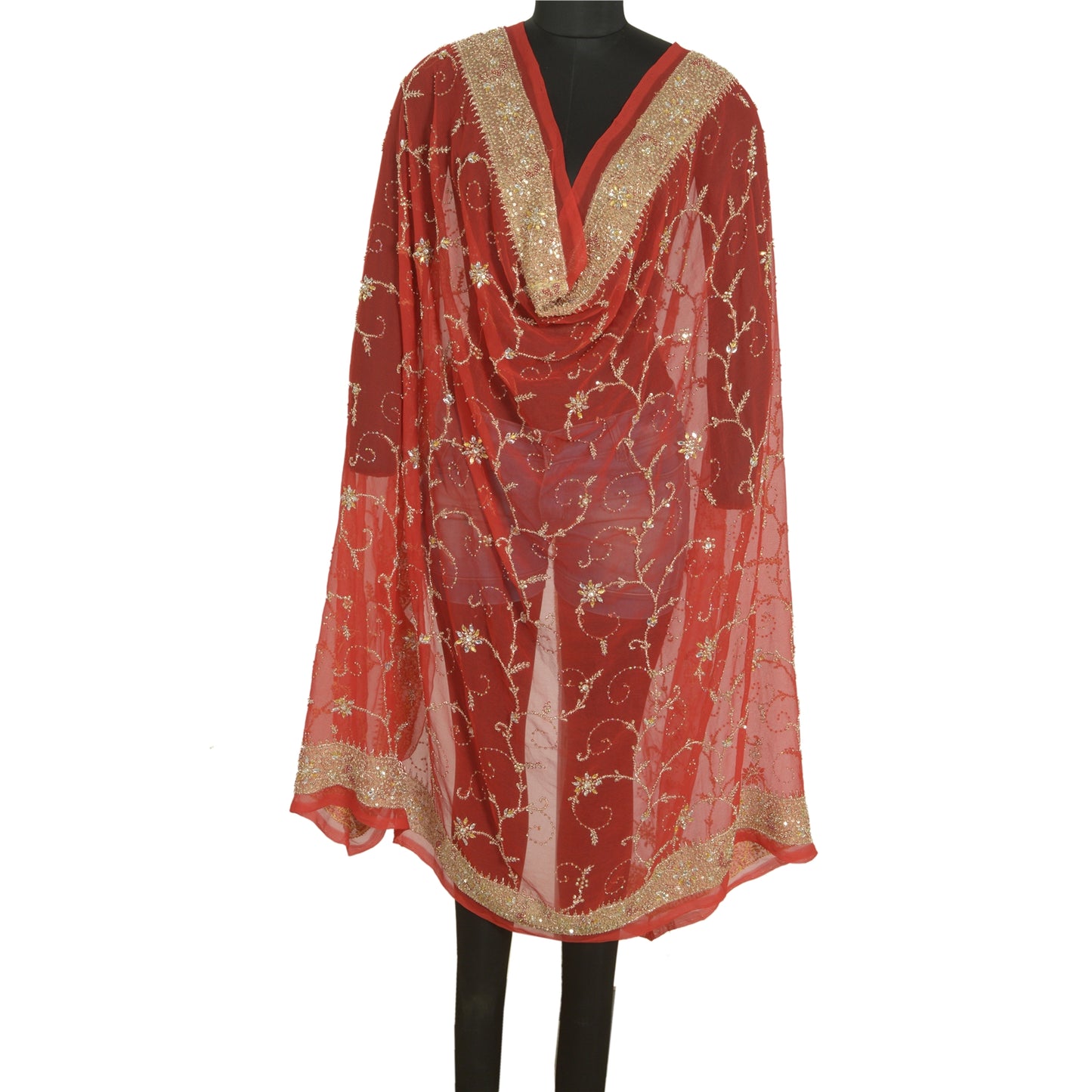 Sanskriti Vintage Long Red Dupatta/Stole Pure Georgette Silk Hand Beaded Veil