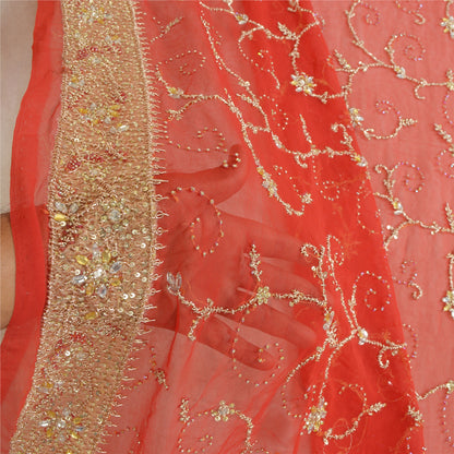 Sanskriti Vintage Long Red Dupatta/Stole Pure Georgette Silk Hand Beaded Veil