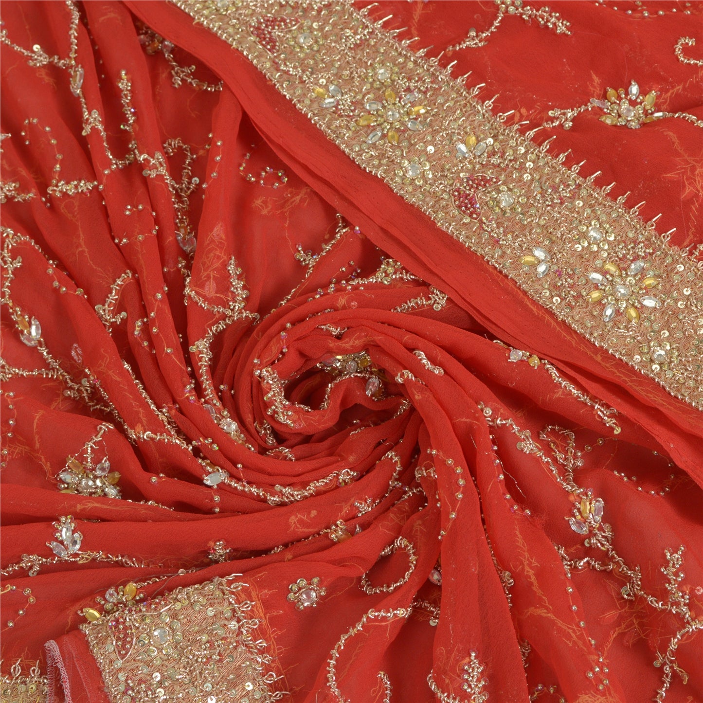Sanskriti Vintage Long Red Dupatta/Stole Pure Georgette Silk Hand Beaded Veil
