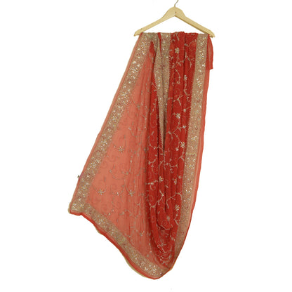 Sanskriti Vintage Long Red Dupatta/Stole Pure Georgette Silk Hand Beaded Veil