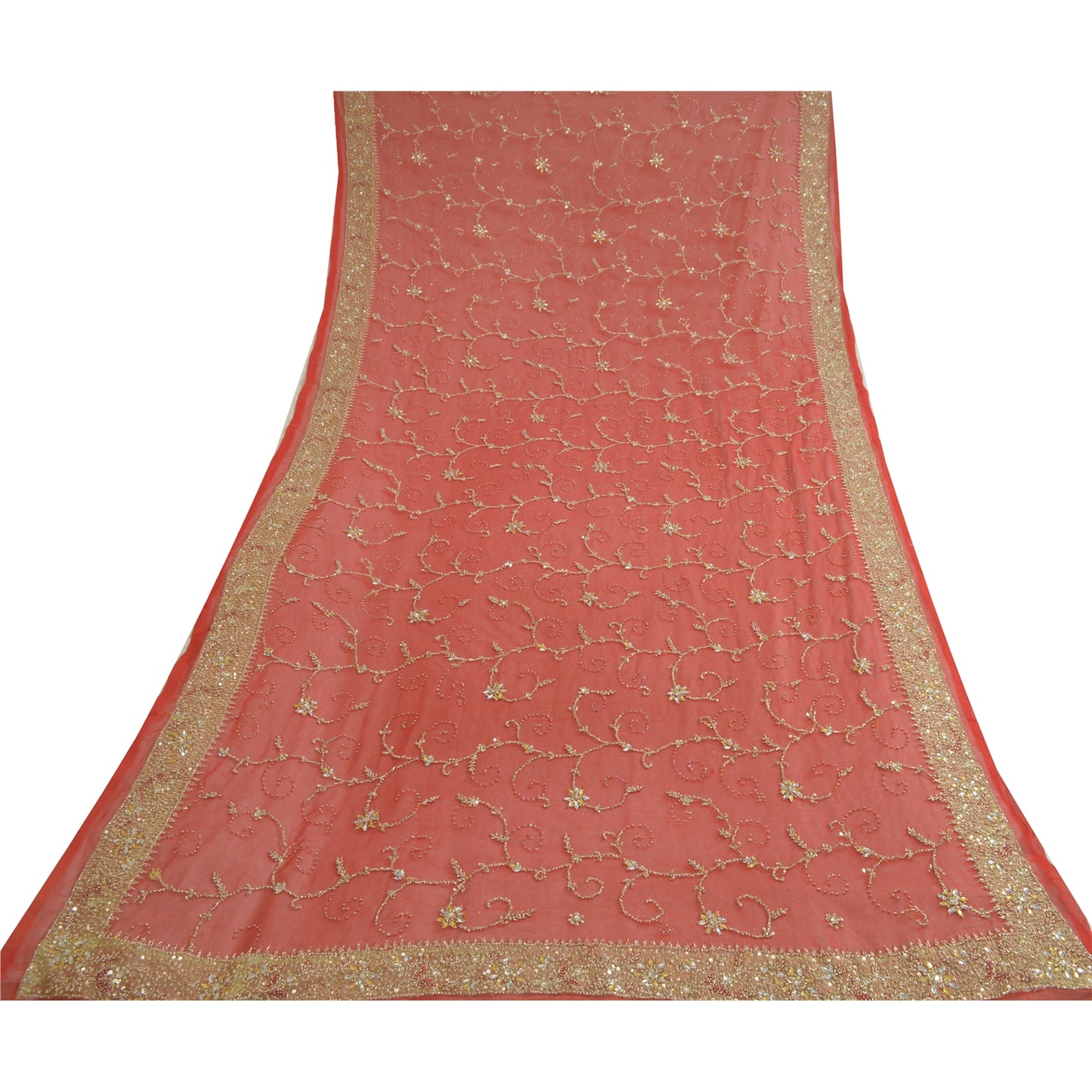 Sanskriti Vintage Long Red Dupatta/Stole Pure Georgette Silk Hand Beaded Veil