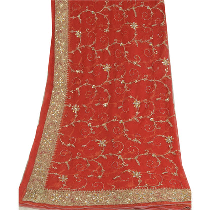 Sanskriti Vintage Long Red Dupatta/Stole Pure Georgette Silk Hand Beaded Veil
