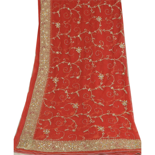 Sanskriti Vintage Long Red Dupatta/Stole Pure Georgette Silk Hand Beaded Veil