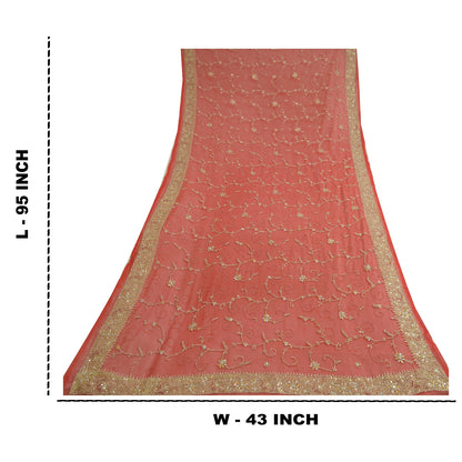 Sanskriti Vintage Long Red Dupatta/Stole Pure Georgette Silk Hand Beaded Veil
