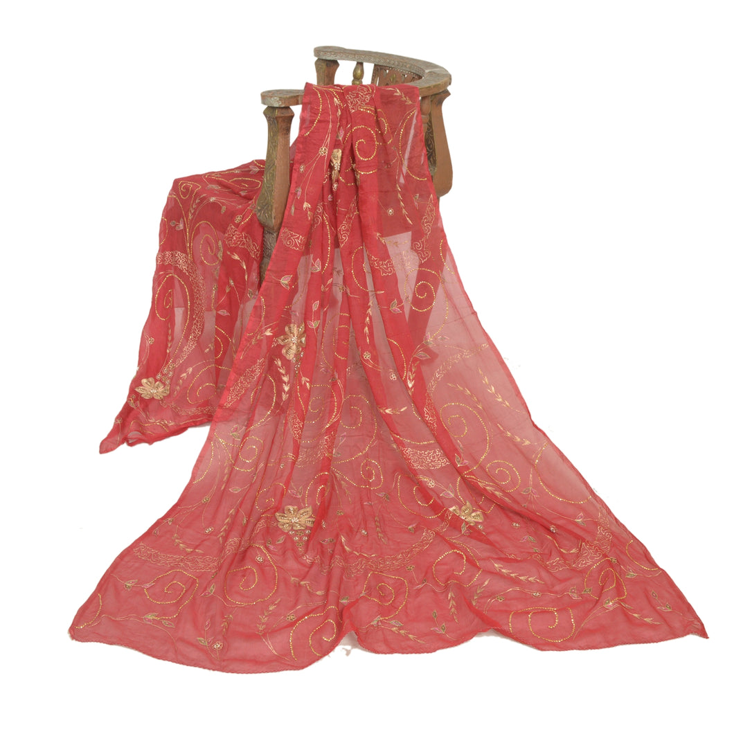 Sanskriti Vintage Long Dark Red Dupatta/Stole Pure Chiffon Silk Hand Beaded Veil