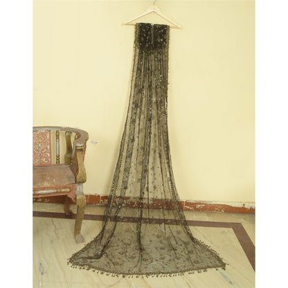 Sanskriti Vintage Black Long Dupatta Stole Net Mesh Veil Hand Beaded Scarves
