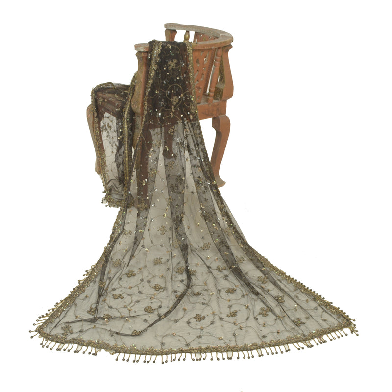 Sanskriti Vintage Sort Lang Dupatta Stole Net Mesh Slør Håndperlede Tørklæder