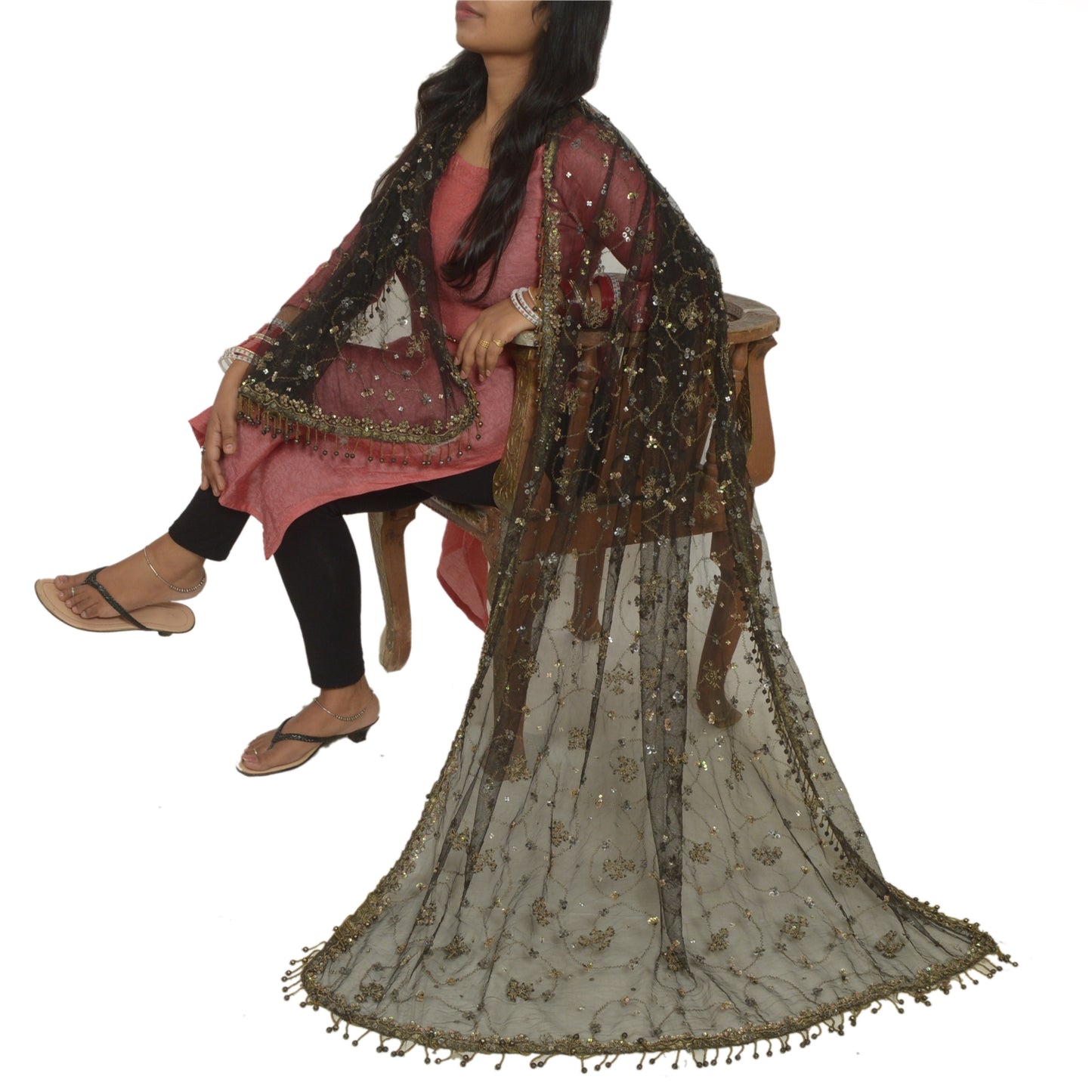 Sanskriti Vintage Black Long Dupatta Stole Net Mesh Veil Hand Beaded Scarves