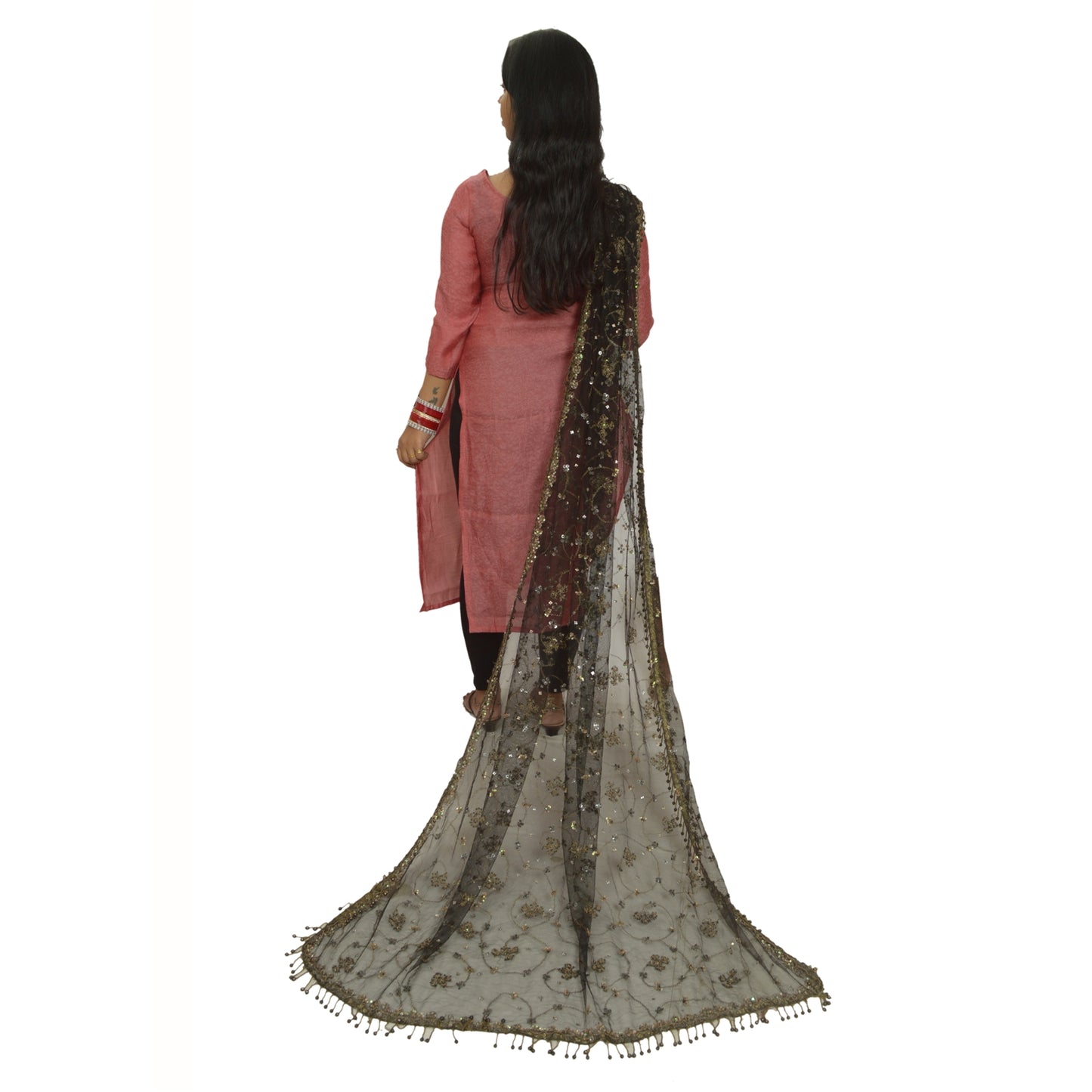 Sanskriti Vintage Black Long Dupatta Stole Net Mesh Veil Hand Beaded Scarves