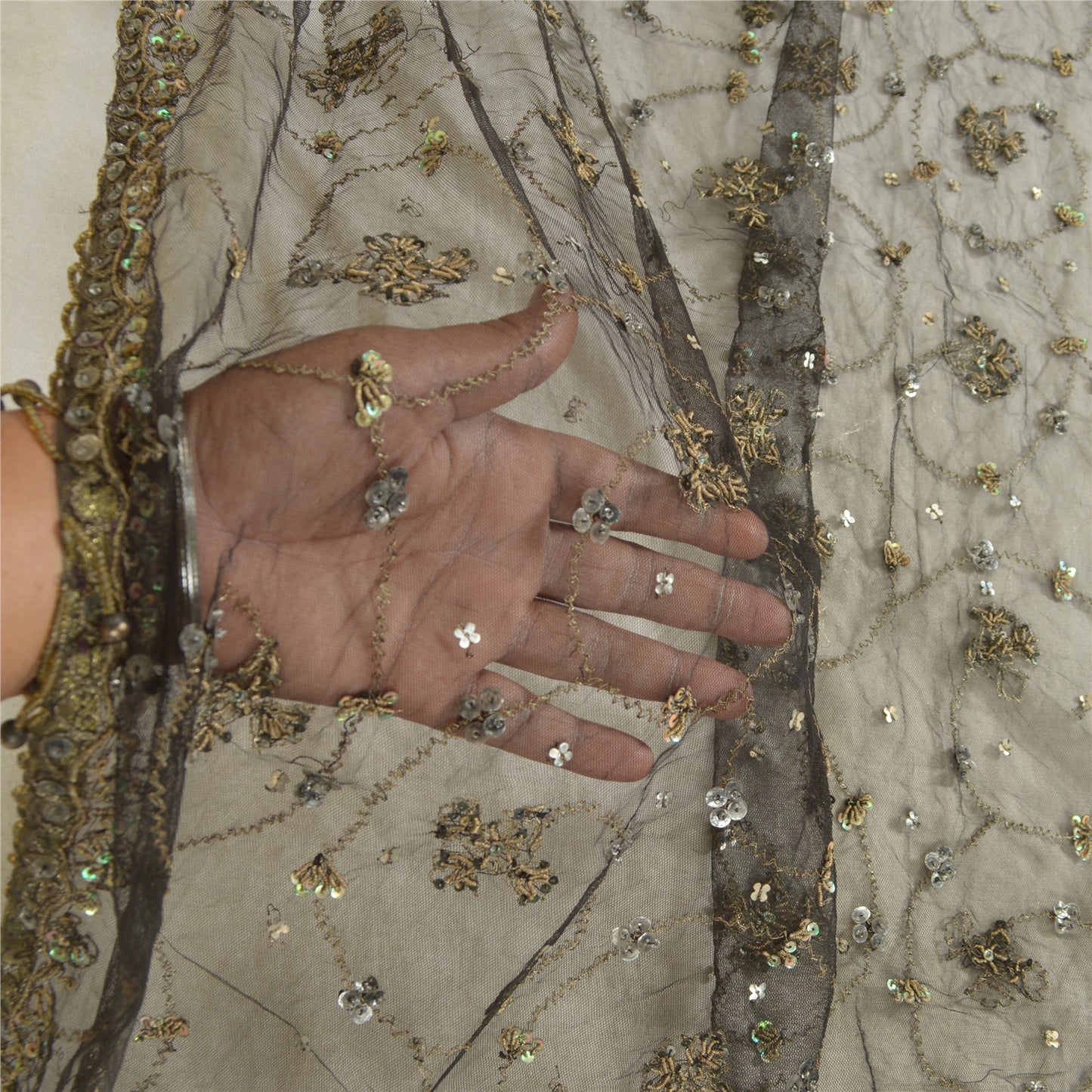 Sanskriti Vintage Black Long Dupatta Stole Net Mesh Veil Hand Beaded Scarves