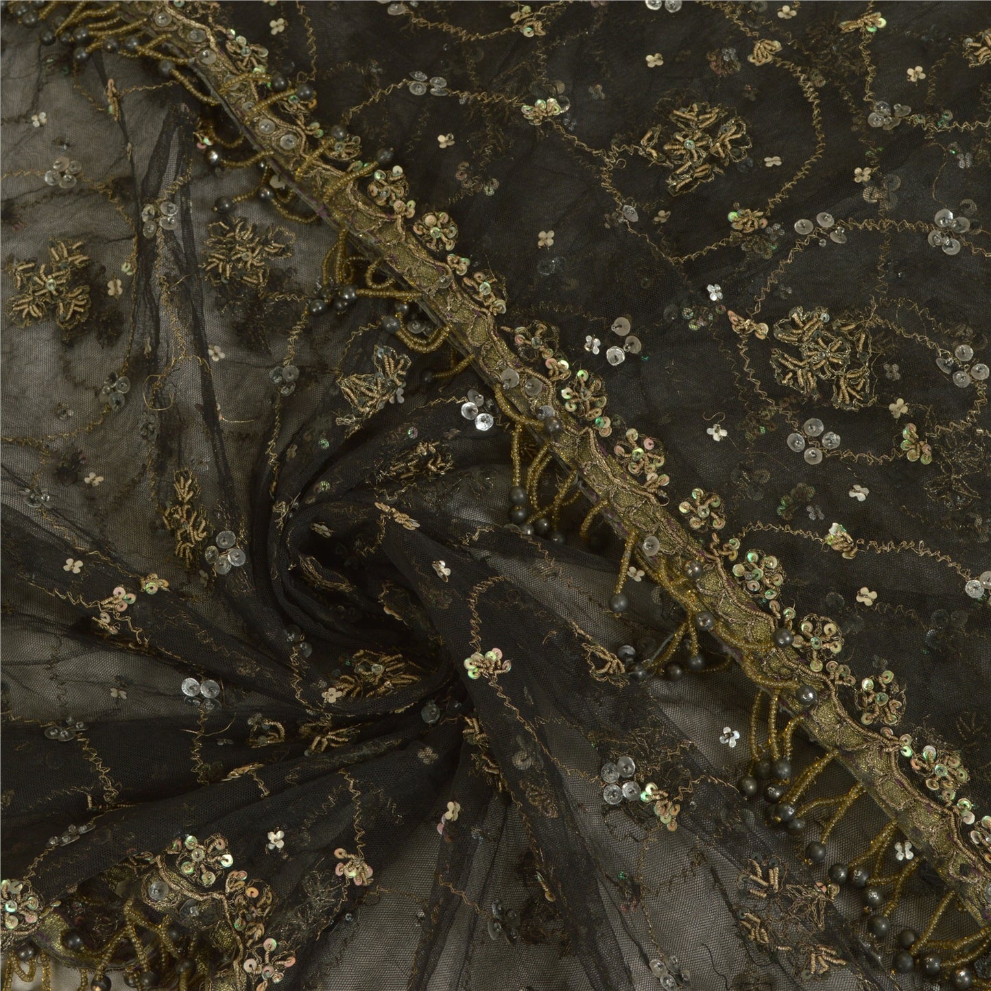 Sanskriti Vintage Black Long Dupatta Stole Net Mesh Veil Hand Beaded Scarves