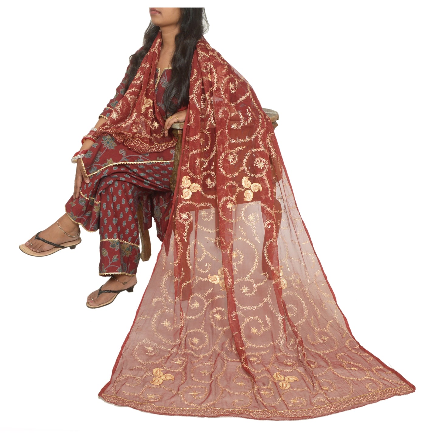Sanskriti Vintage Dark Red Dupatta Pure Chiffon Silk Hand Beaded Party Stole