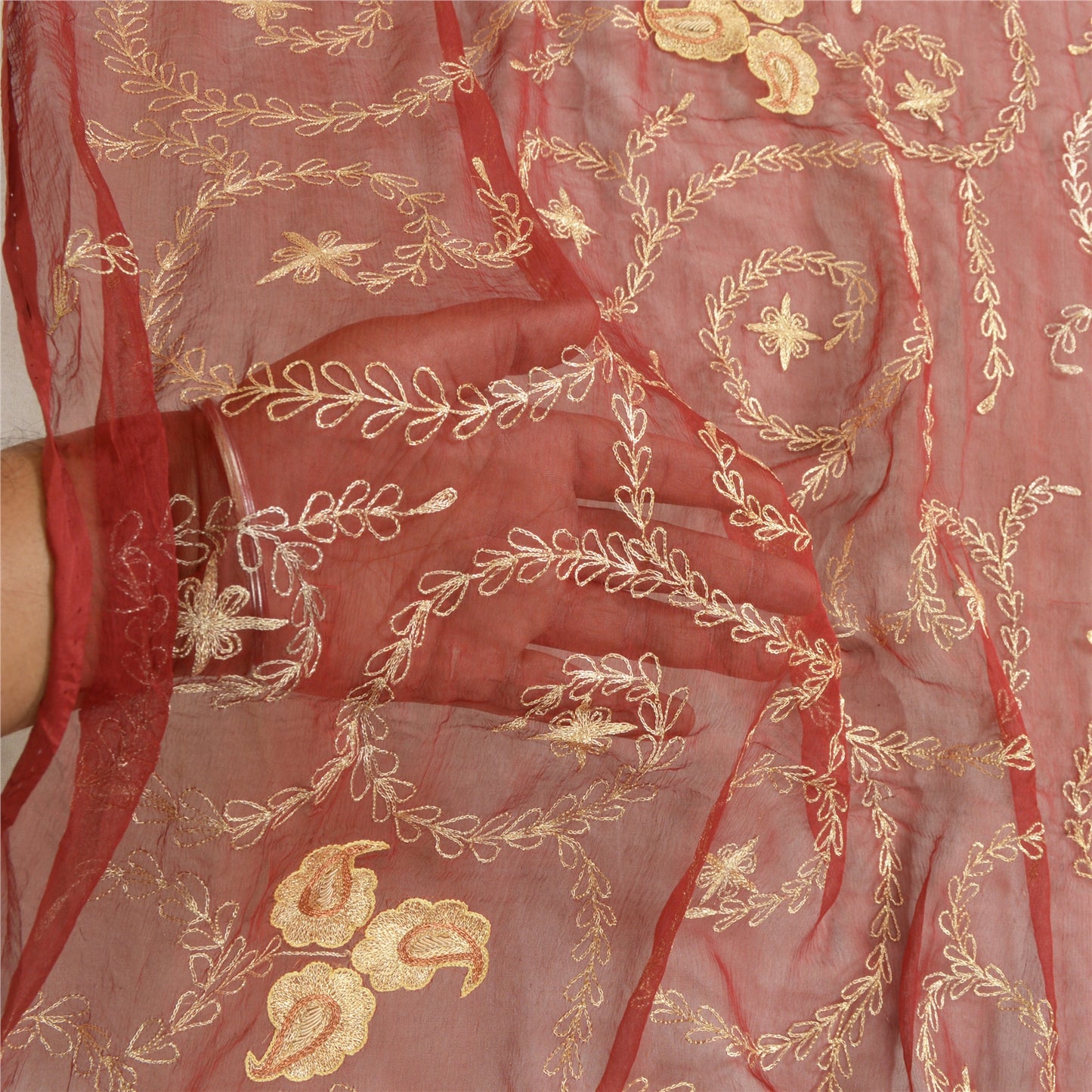 Sanskriti Vintage Dark Red Dupatta Pure Chiffon Silk Hand Beaded Party Stole