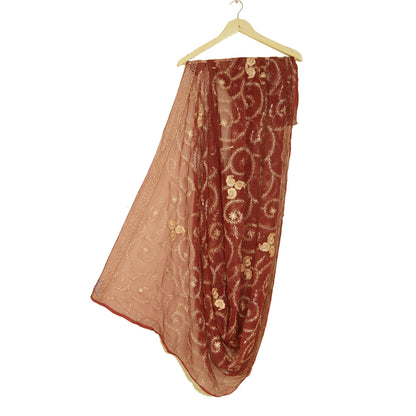 Sanskriti Vintage Dark Red Dupatta Pure Chiffon Silk Hand Beaded Party Stole
