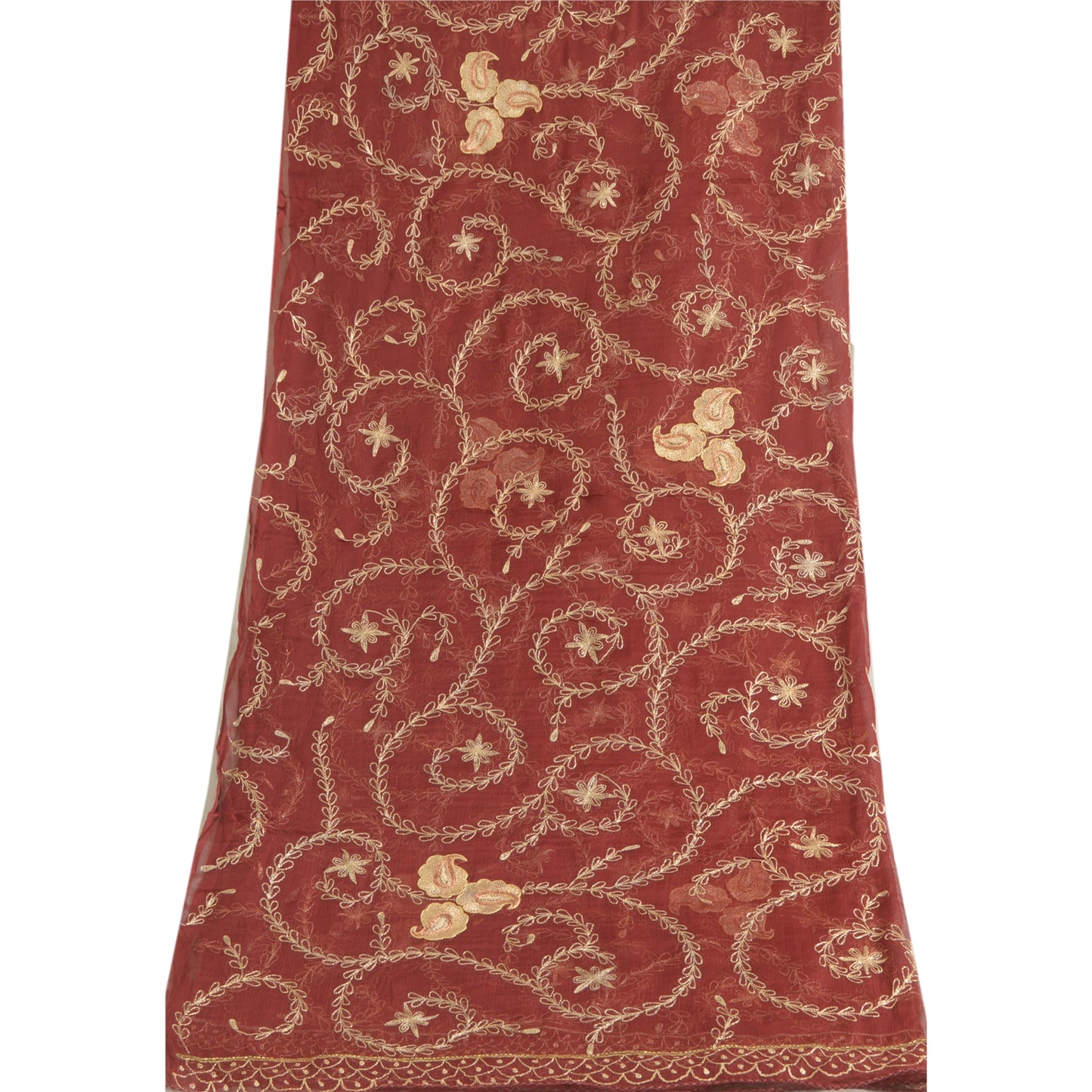 Sanskriti Vintage Dark Red Dupatta Pure Chiffon Silk Hand Beaded Party Stole