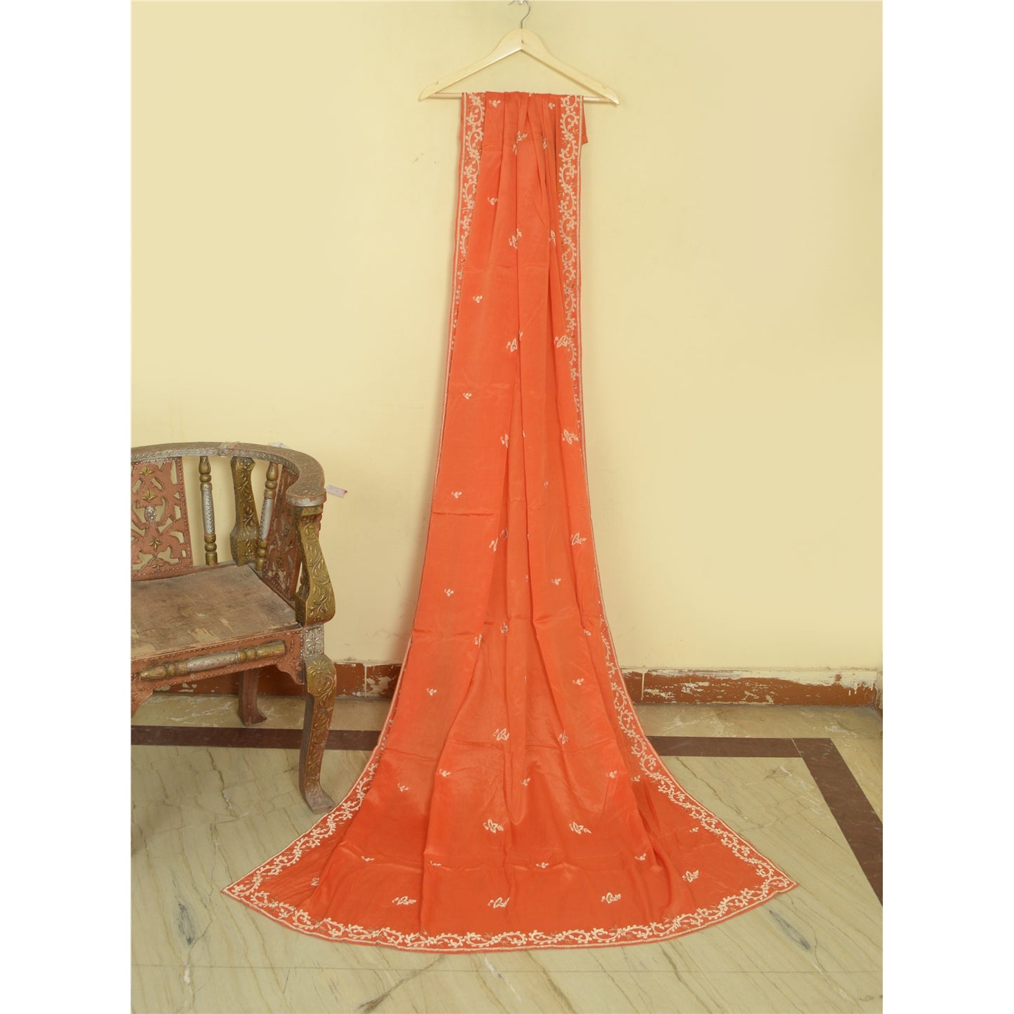 Sanskriti Vintage Long Dupatta Stole Pure Silk Orange Hand Embroidered Zardozi