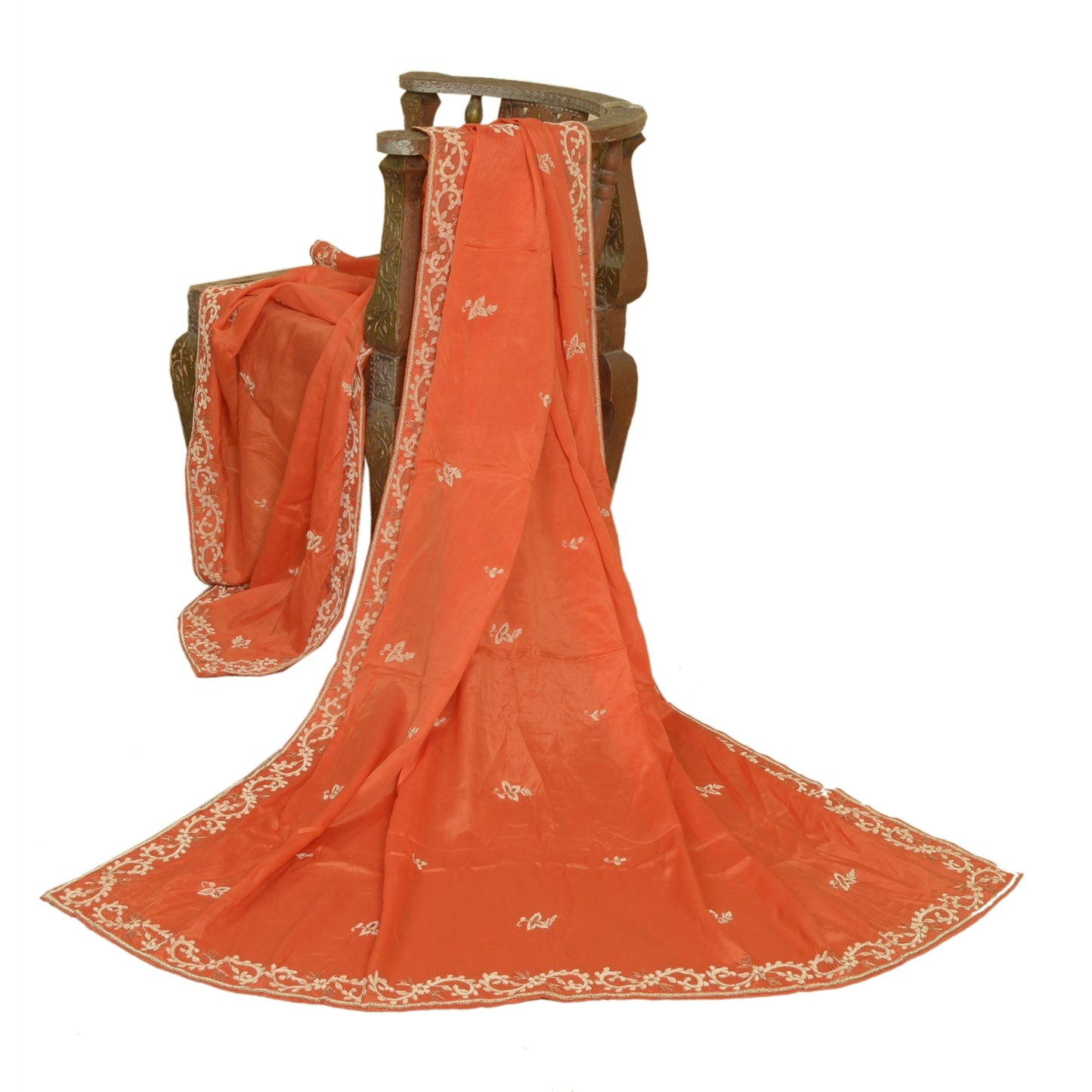 Sanskriti Vintage Long Dupatta Stole Pure Silk Orange Hand Embroidered Zardozi