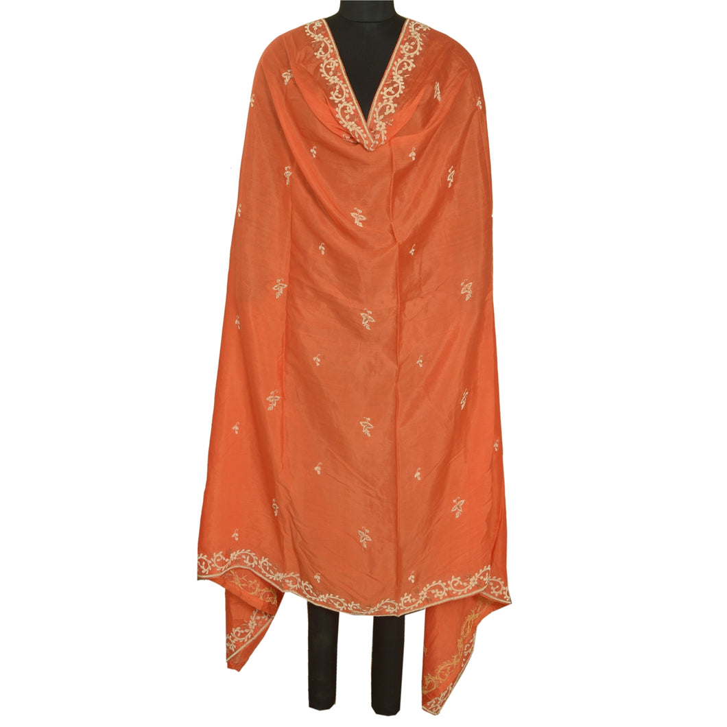 Sanskriti Vintage Long Dupatta Stole Pure Silk Orange Hand Embroidered Zardozi