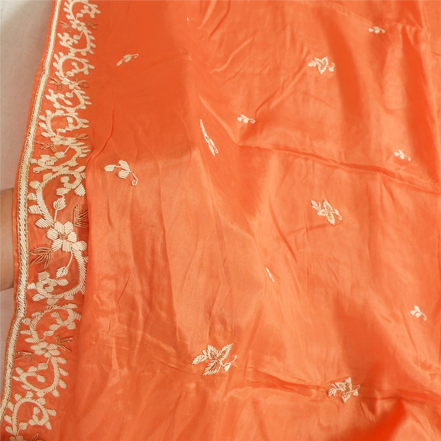 Sanskriti Vintage Long Dupatta Stole Pure Silk Orange Hand Embroidered Zardozi