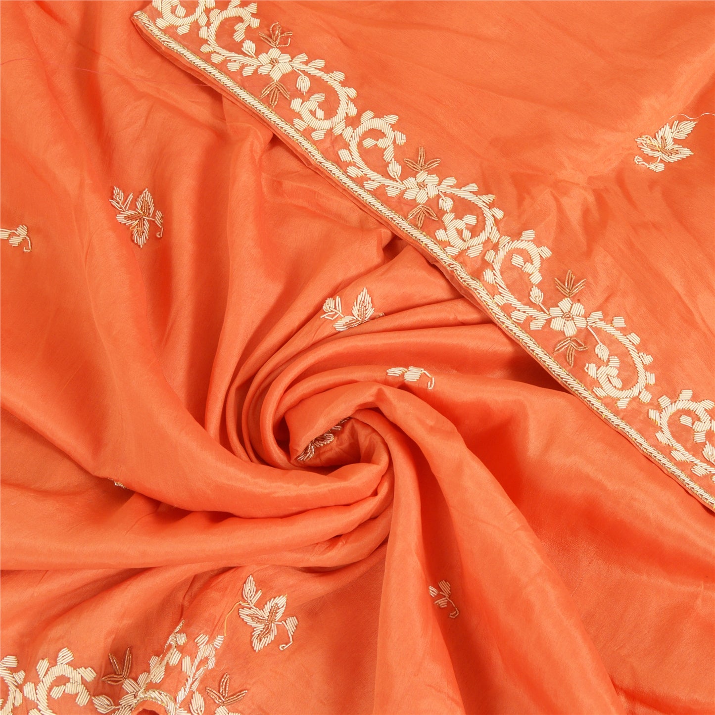Sanskriti Vintage Long Dupatta Stole Pure Silk Orange Hand Embroidered Zardozi