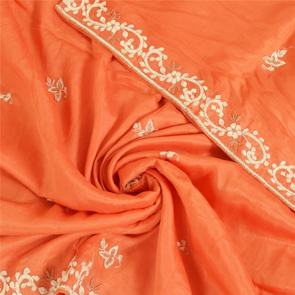 Sanskriti Vintage Long Dupatta Stole Pure Silk Orange Hand Embroidered Zardozi