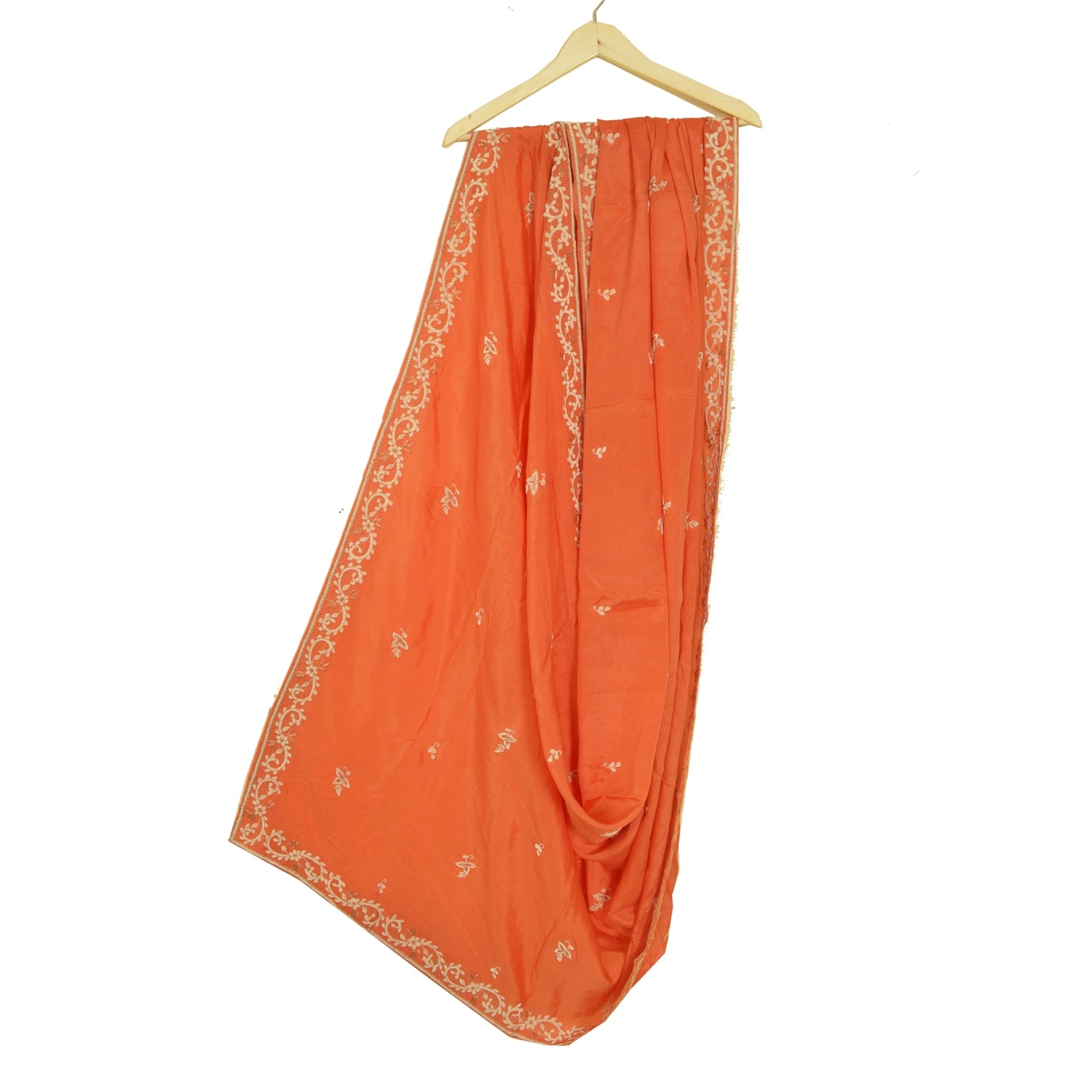 Sanskriti Vintage Long Dupatta Stole Pure Silk Orange Hand Embroidered Zardozi