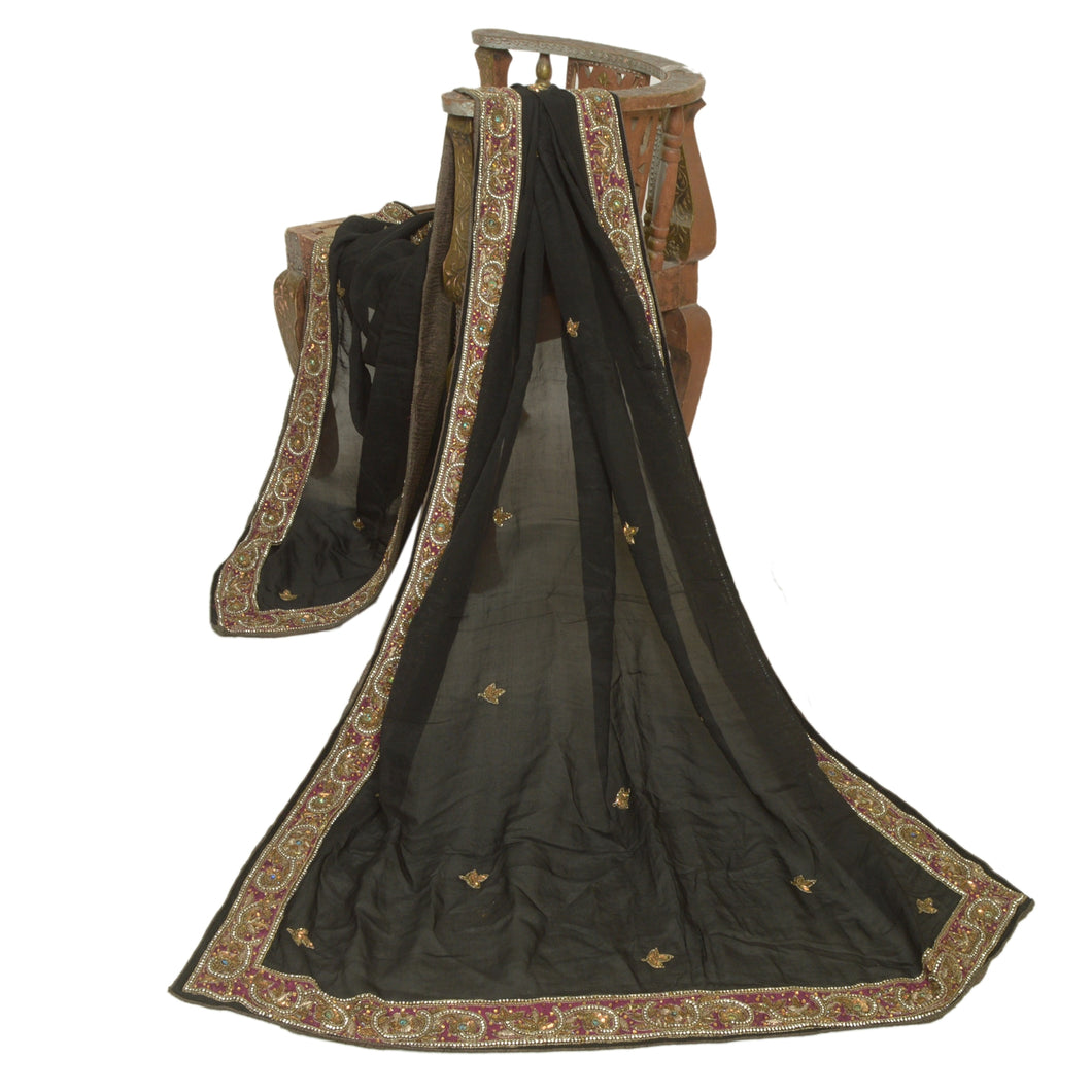 Sanskriti Vintage Long Black Dupatta/Stole Pure Silk Hand Beaded Party Veil
