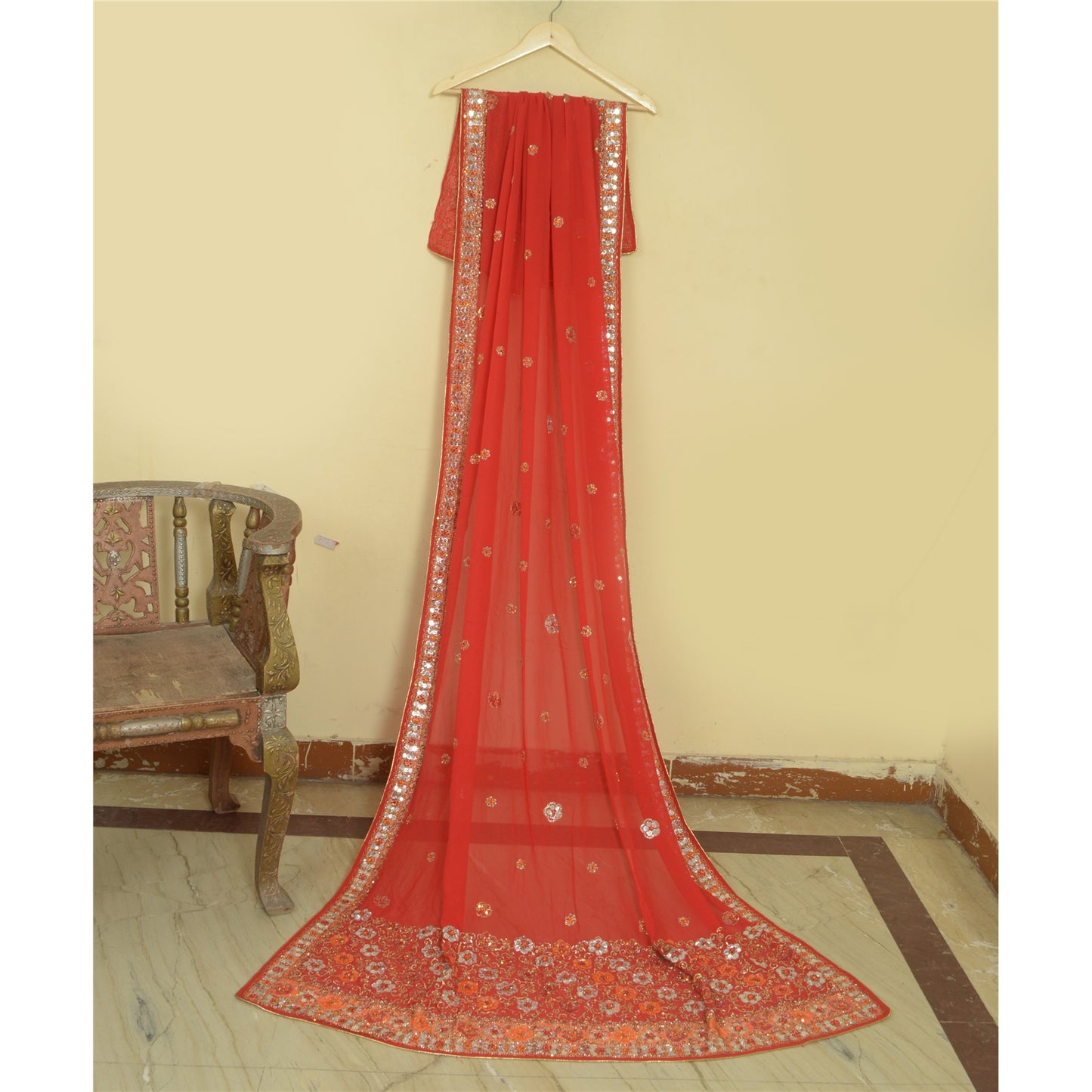Sanskriti Vintage Red Dupatta Pure Georgette Silk Hand Beaded Party Wrap Stole