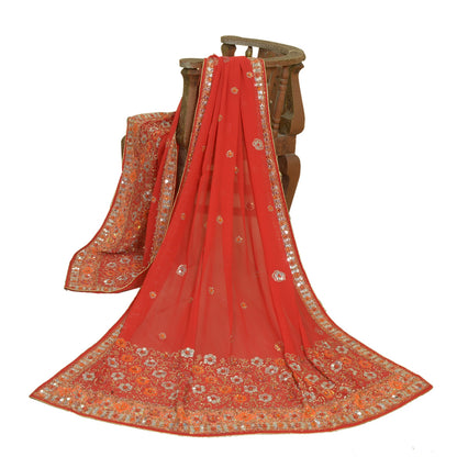Sanskriti Vintage Red Dupatta Pure Georgette Silk Hand Beaded Party Wrap Stole